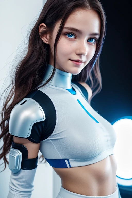 16 years old robo girl, beautiful big striking blue eyes, delicate black eyebrows, rosy cheeks, red lips, smiling face very white skin, long wavy orange hair cascading around her face and shoulders, detailed eyelashes, photorealistic cyberpunk style, perfectly focused, creamy smooth complexion, beautifully lit by soft diffused studio lights, extremely fine details, finely textured skin and hair full head to toe photo, wearing sport leggings, cyberpunk, 🤖 
