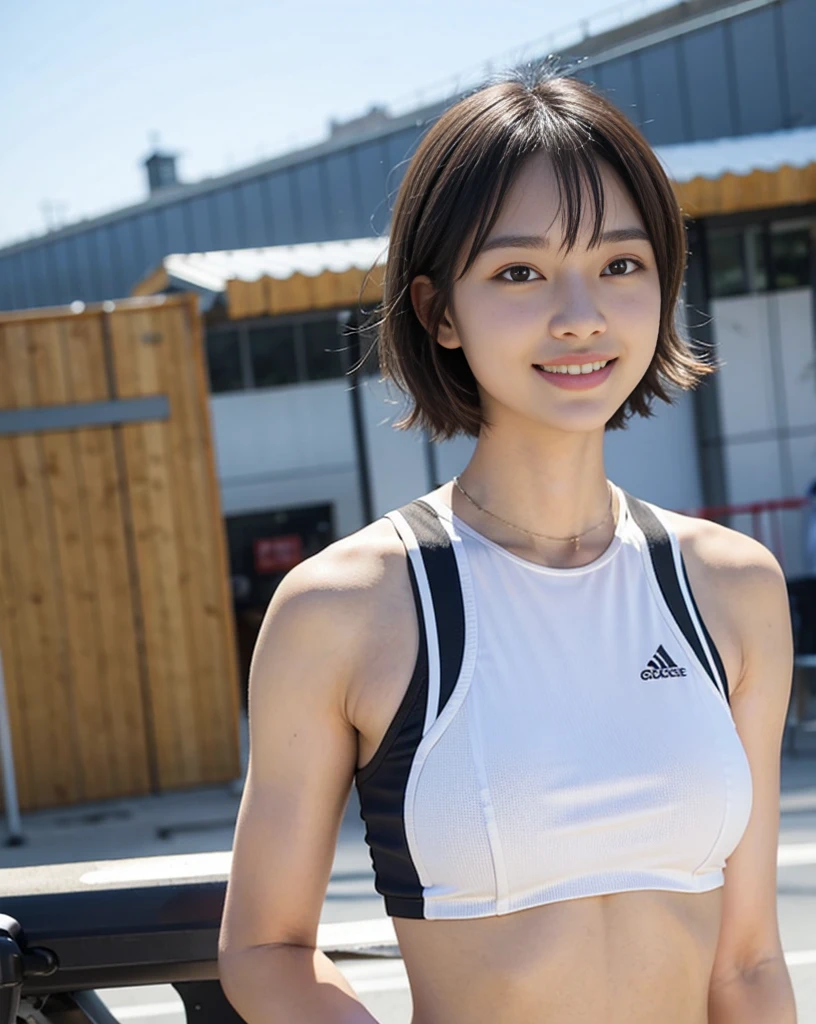 zydG, 1girls, Front view, stand, looking the viewer, exposed skin, (from below),brown-eyed, (brown very short hair:1.2), (light hair), (medium breasts:1.4), smile with white teeth, (photorealestic:1.4), (Top image quality:1.0), (UltraHighResolution:1.0), 8K, Raw photography, (A masterpice:0.2), track and field uniforms, show abs, (sweat, wetty:1.1), portlate, facefocus, ful body,(pureerosface_v1:0.5), outdoor, track and field,