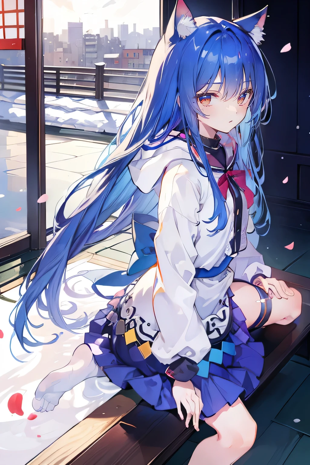 (masterpiece:1.2),Super detailed,lifelike,Expressive eyes,fair skin,perfect face shape,1 girl,
Japanese comics,Gorgeous blue hair,flowing blue hair,flowing clothes,Cat ears,Petals fall,beautiful lola,Baby Angel,
Shaking head with one hand,Cross your legs,Gentle and peaceful background,The pavilion is cool and comfortable,smile, wearing hoodie, background of tokyo,back views,snowing, winter.