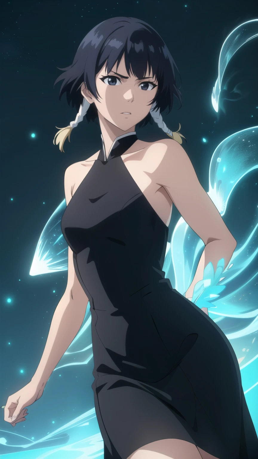 soifon, soifon, short hair, bangs, black hair, short hair with long locks, (black eyes:1.2), small breasts,(slender:1.2),Glare, (bioluminescent dress:1.2), 
dynamic pose, dynamic angles, looking at viewer,
 (masterpiece best quality, 8k:1.2),(anime), high resolution, unity 8k wallpaper, (beautiful detailed eyes:1.2), extremely detailed face, perfect lighting, extremely detailed CG, (perfect hands, perfect anatomy),