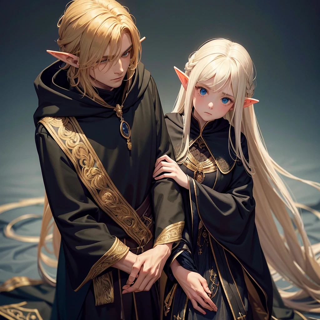 The elf man with a black cloak and golden embroidery is hugging a girl with a black cloak and blue embroidery tightly, and the girl is worried and looking at the face of the elf man.