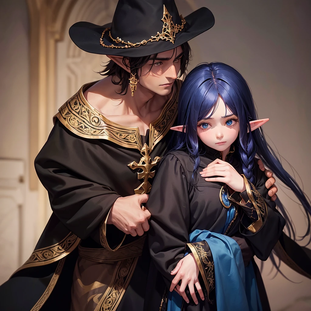The elf man with a black cloak and golden embroidery is hugging a girl with a black cloak and blue embroidery tightly, and the girl is worried and looking at the face of the elf man.