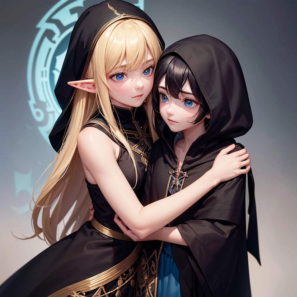 The elf man with a black cloak and golden embroidery is hugging a girl with a black cloak and blue embroidery tightly, and the girl is worried and looking at the face of the elf man.