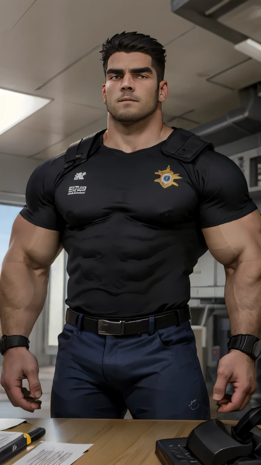 (best quality:2, 8k:2,absurdres:2, masterpiece:2, atmospheric:2, extremely detailed, detailed textures,detailed cloth texture, perspective), epic, soft light, dramatic lighting, reflection, highlight, depth of field, sharp focus, vibrant colors:2, photorealistic:2,
male focus, medium shot, x-man costume, military costume, sci-fi military costume, sci-fi military clothes, military, light sci-fi armor, short sleeves sci-fi armor, short sleeves shirt, looking at viewer, serious expression, bara, bear-like, muscle, mature, athletic, perfect face, rugged look, facial hair, beard, stubble, big eyes, amber eyes, reflection in eyes, heavy brow, short hair, undercut, black hair