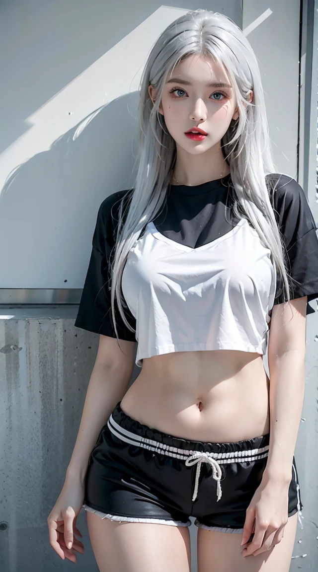 Reality, high resolution, 1 female, Shiny skin, Solitary, Jewelry, Pink lips, Long white hair, blue eyes, Shut up, Hips up, Grey short sleeves, Open the abdomen, Black shorts, Streetwear