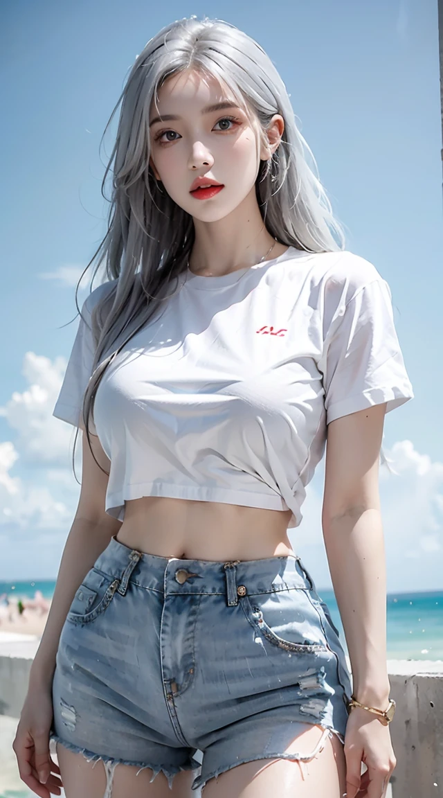 Reality, high resolution, 1 female, Shiny skin, Solitary, Jewelry, Pink lips, Long white hair, blue eyes, Shut up, Hips up, Grey short sleeves, Open the abdomen, Black shorts, Streetwear