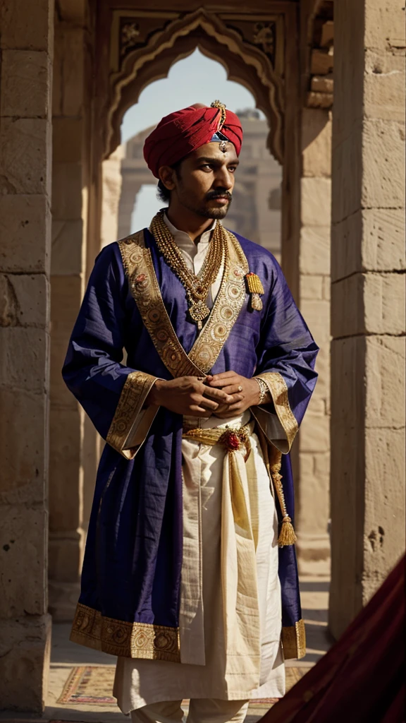 "King Akbar of ancient India,. He is dressed in regal, richly embroidered robes and adorned with precious jewels and a majestic turban
