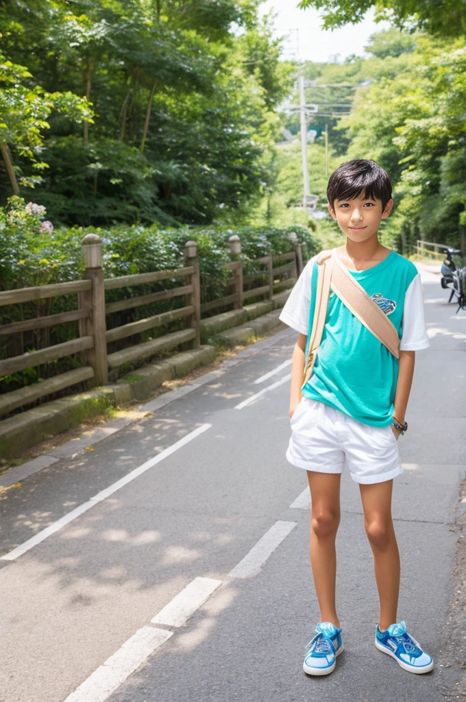 A tanned -yeld Jaese boy modeling for a full-body photoshoot in shorts during summer vacation