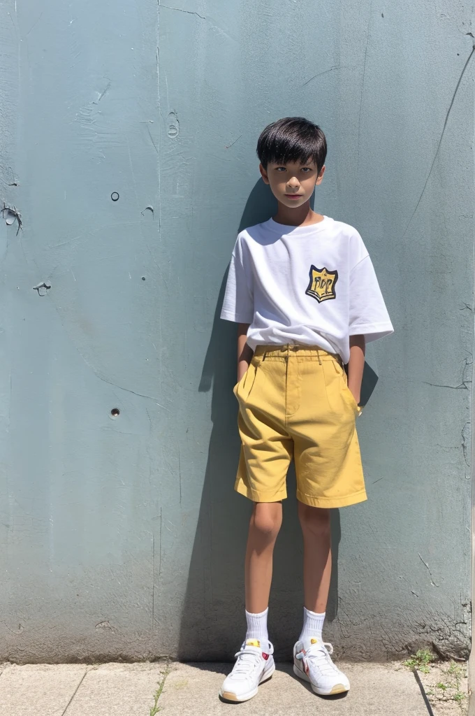 A tanned 12-year-old Japanese boy modeling for a full-body photoshoot in shorts during summer vacation