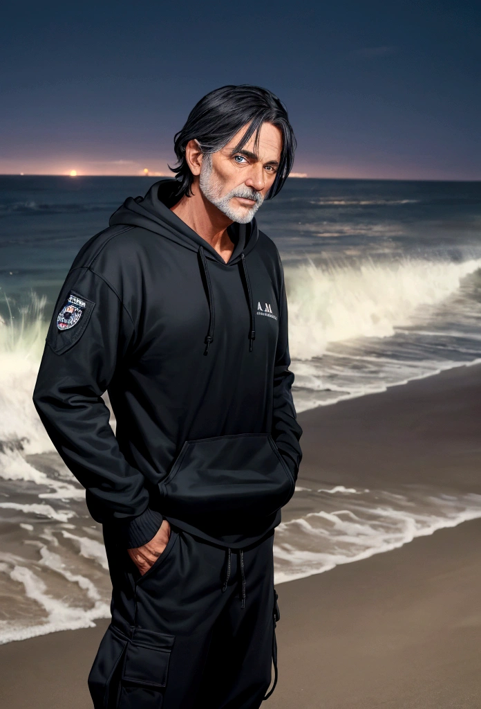 a 55 year old man with dark hair and blue eyes and a black hoodie and black cargo pants at night at the beach
