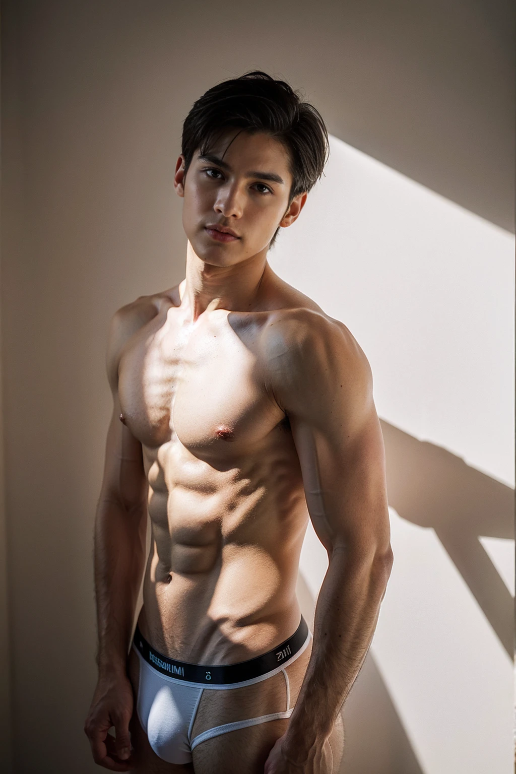 Masterpiece, Best quality, Solo,European Man,white wall background, skinny boy body, muscle body,sport body, big muscle, Handsome face,Black Hair Color,Natural eyes, athletic physique, slender, no body hair, He was wearing tight White Calvin Klein underwear and curved legs., perfect , male , correct male scrotum, perfect scrotum, male structure, short detailed hair, Sexy guy, looking at viewer, standing,highest detail, superior quality, natural lighting, beautiful, sexy, correct anatomy, good composition, man focus,amazing composition, front view, HDR, volumetric lighting, ultra quality, elegant,vpl,the middle of the picture,post a erotic photoshoot,Realistic pose,Fujifilm XT3 photorealistic art by midjourney
