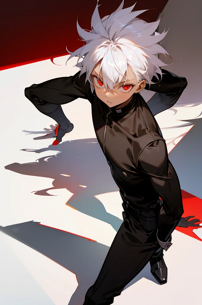 hight resolution,Anime boy with white hair and red eyes staring at camera, red eyes,slim, dressed in a black outfit,Shadow Body,Brown skin,monochromes,hair messy,Diagonal angle