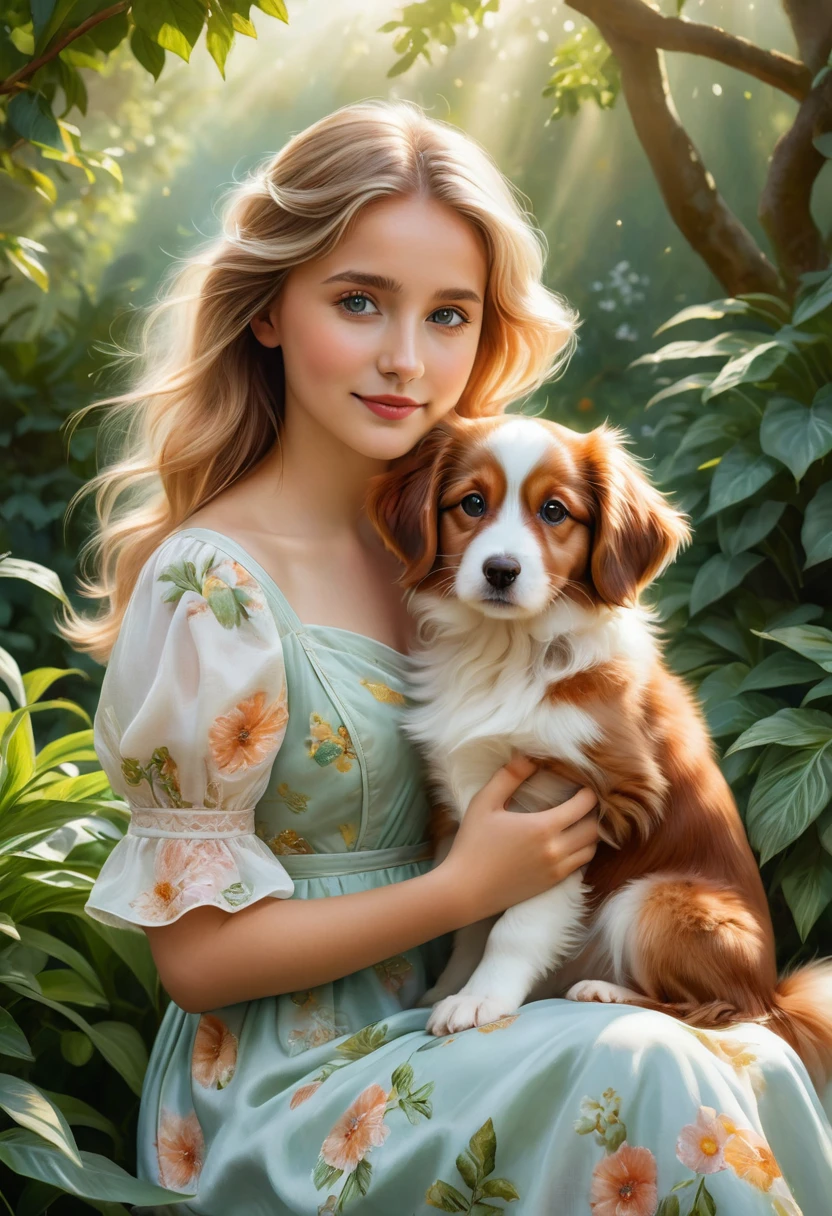 (highest quality,4K,8k,High resolution,masterpiece:1.2),Very detailed,(Realistic,photoRealistic,photo-Realistic:1.37),realistic,portraits,beautiful girl,holding a Kooikerhondje,paintings,soft brushstrokes,vibrant colors,garden background,detailed girl's eyes,detailed girl's lips,peaceful expression,flowing dress, figure,gentle smile,natural sunlight,lush greenery,playful puppy,wavy hair,subtle shadows,delicate features,captivating gaze,sunlight filtering through trees,botanical elements,floral patterns,endearing bond,bright and cheerful atmosphere,innocent charm,loving connection between girl and puppy,accurate portrayal of the Kooikerhondje's appearance,tender interaction,dimensional and lifelike representation,capturing the emotional connection between humans and animals,positive and heartwarming vibes,impeccable attention to detail,carefully composed composition,realistic fur texture and color rendering,subtle highlights and shading,impressionistic brushwork,ethereal and dreamlike quality, blond hair,
