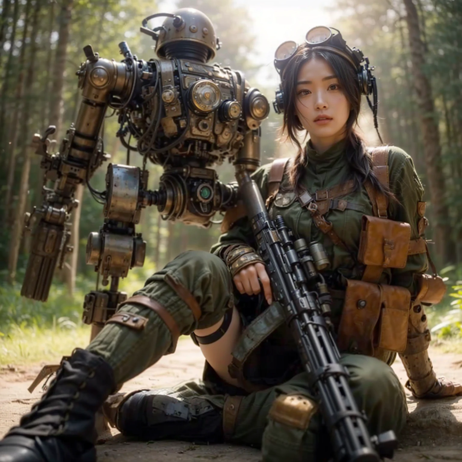 8k,Realistic Photo, Realistic Skin Texture, Superrealism, (Warring States period of Japanese history, approx like mechanical :1.2), burnt field、arquebus,vivid textures,legs, gradation hair, japanese female soldier,(ultra beautiful face),((super realistic all textures)), ((super intricate all details)), full body shot, ultra sharp photo result, metallic color, scratch, Rust, weathering, steampunk, taken with Fuji film X-T30+Nokton. HDR10,Minimum of 4 pieces created