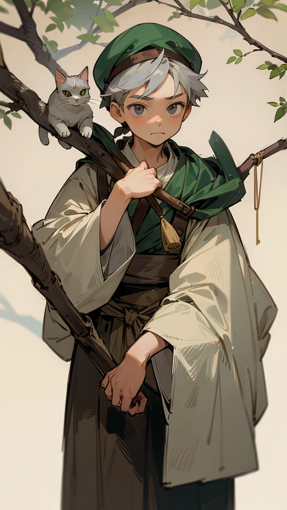 A little boy with gray hair and a cat's mustache in peasant clothes, in full growth, holding a branch in his hands, wearing a peasant flat cap on his head