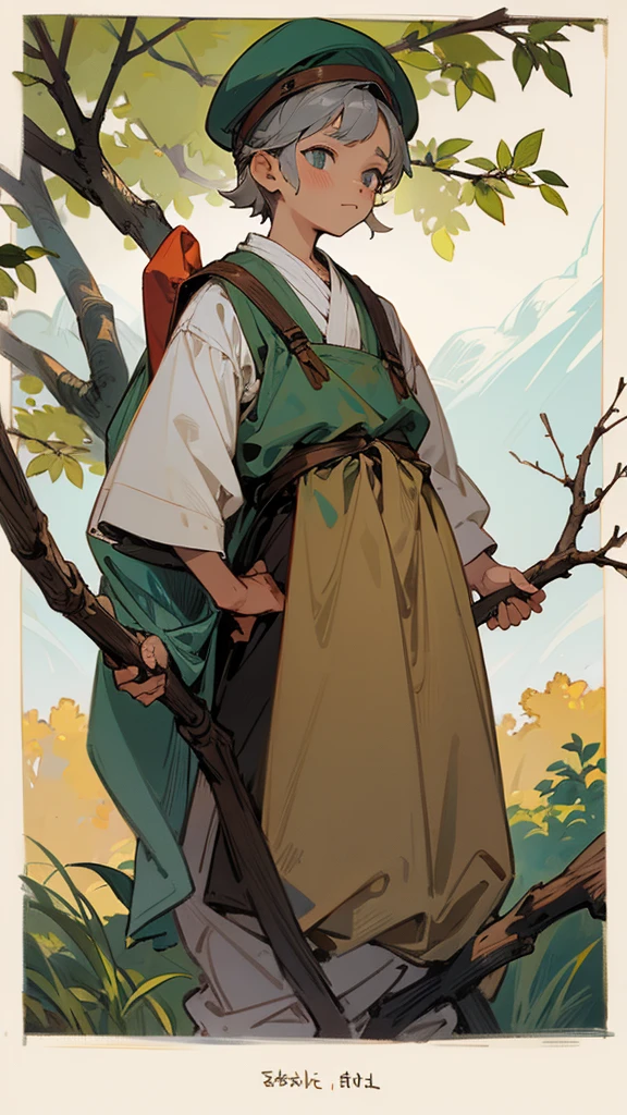A little boy with gray hair and a cat's mustache in peasant clothes, in full growth, holding a branch in his hands, wearing a peasant flat cap on his head