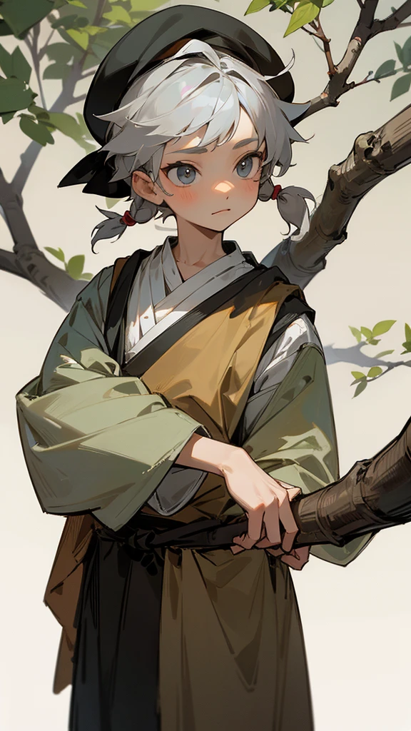 A little boy with gray hair and a cat's mustache in peasant clothes, in full growth, holding a branch in his hands, wearing a peasant flat cap on his head