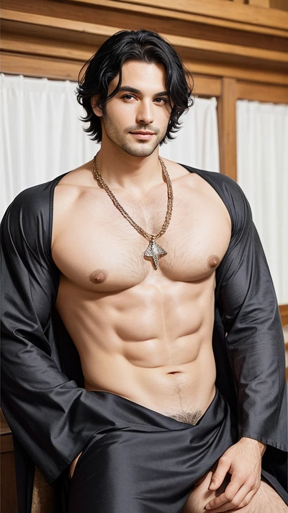 A sexy man with black hair, mediaeval period, gorgeous face, looking at me seductively, crisp and clear photo, sharp focus