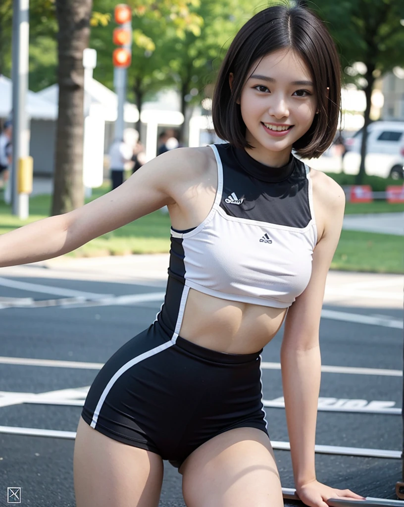 Realistic Sports Girl　Stadium　small tits　short-hair　Thin athletic wear　teats see through　ssmile　Sneakers and short socks　Crotch line emphasis　I sweated a lot　See Through wear　M-shaped legs　Clothing that sticks to the skin