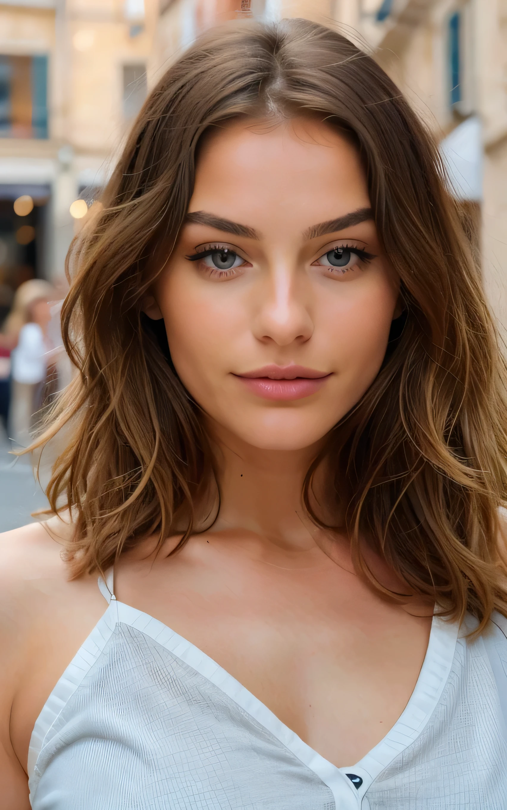 Belle brune aux reflets blonds portant un pull beige (In a cafe drinking soda), very detailed, 22 ans, Visage innocent, natural wavy hair, yeux bleus, high resolution, chef-d'artwork, best quality, intricate details, very detailed, mise au point nette, detailed skin, texture de peau réaliste, texture, detailed eyes, professionnel, 4K, sourire charmant, filmed on Canon, 85 millimeters, faible profondeur de champ, Couleur Kodak Vision, corps parfaitement ajusté, extremely detailed, photographier_\(ultra\), photorealistic, realistic, Post-traitement, Maximum details, roughness, vrai vie, ultra realistic, photorealism, photographie, 8K UHD, photographie