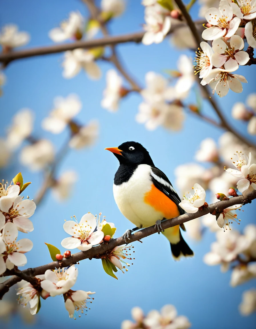 White pear blossoms, oriole bird,Nice felt creation,Very obvious wool texture, superb lighting, volumetrics, Jon Klassen, Ghibli Studio, Tilt - shift, in focus, 80mm lens, Large aperture, smooth, vibrant colors, high contrast, high saturation, high resolution artwork, sharp focus, HDR. 32k, --stylize 1000, masterpiece, best quality
