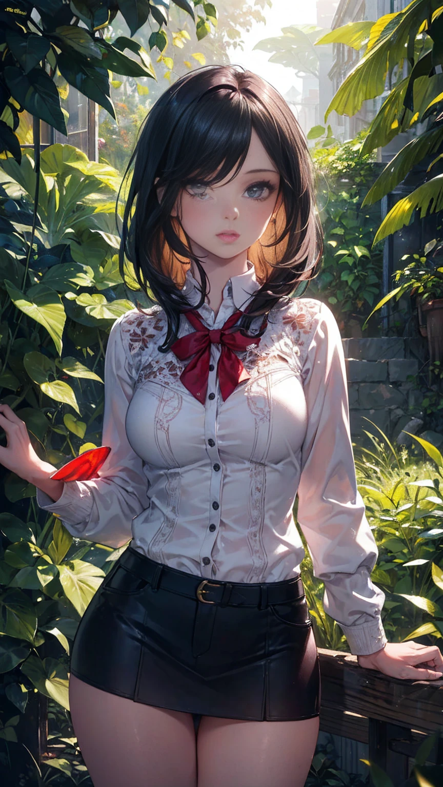 masterpiece, Highest quality,Super detailed, gal in mini skirt, cowboy shot, beautiful detailed eyes, beautiful detailed lips, extremely detailed face and features, long eyelashes, intricate details, realistic, photorealistic, 8K, hyper detailed, oil painting, vibrant colors, warm lighting, cinematic composition, dynamic pose, beautiful scenery, lush vegetation, natural setting