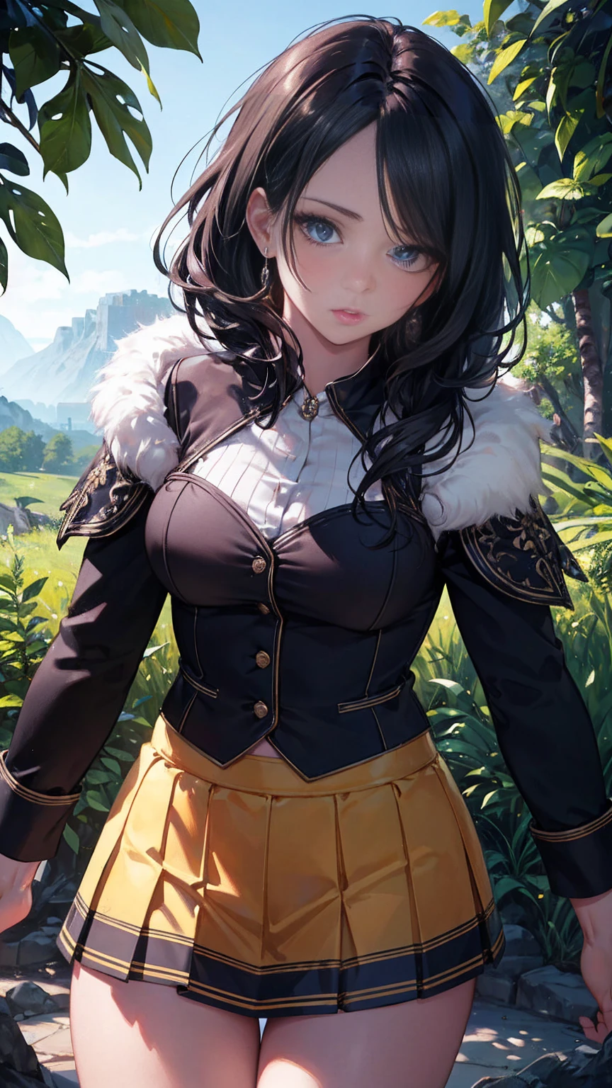 masterpiece, Highest quality,Super detailed, gal in mini skirt, cowboy shot, beautiful detailed eyes, beautiful detailed lips, extremely detailed face and features, long eyelashes, intricate details, realistic, photorealistic, 8K, hyper detailed, oil painting, vibrant colors, warm lighting, cinematic composition, dynamic pose, beautiful scenery, lush vegetation, natural setting