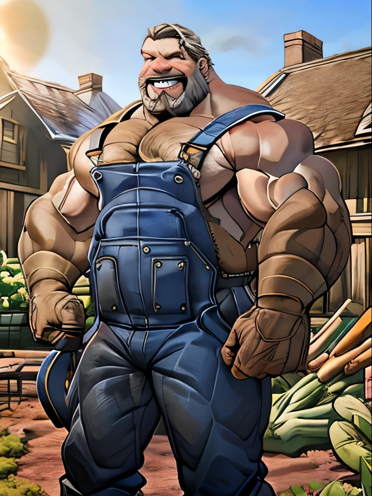 8K, Wide expansive Victorian era County Manor in background, huge muscular Gardener, old man, wearing dungarees with large bulge, , no shirt, hairy chest, grey hair, bald head, beard, pushing wheelbarrow in vegetable garden, smiling at man, sweating under the sun,