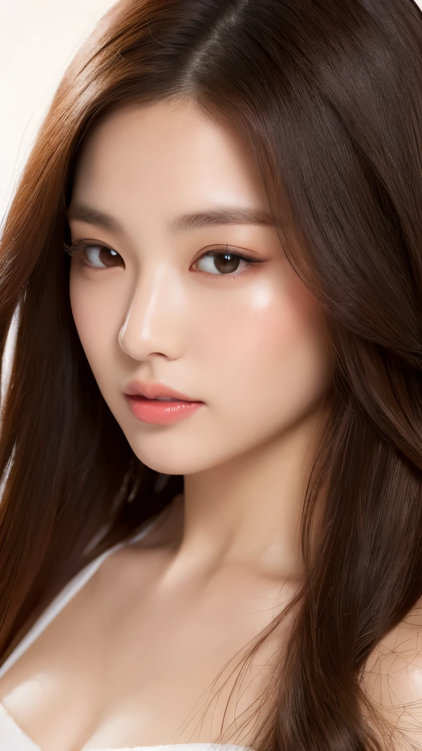 korean girl, very beautiful face, (photo realistic:1.4),(masterpiece, 4K, best quality, ultra detailed),studio shoot,pictorial,photography,realistic eyes, Detailed eyes, Double eyelid, Ultra-Detailed Face, Detailed Lips, normal hand, glossy lips, glossy face, simple background , Dark brown hair, Big breasts , Highly detailed face and skin texture,