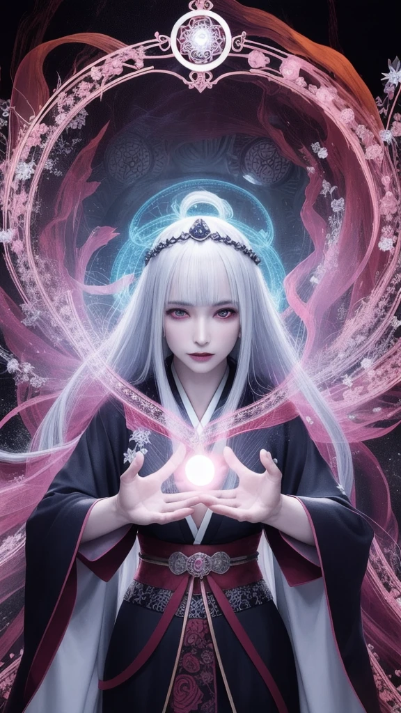 (masterpiece, top quality, 1 female, solo, exquisite details, chromatic aberration), (realistic), (skin), ((breathing)), (silver hair, blunt bangs, short cut straight long hair, short cut bangs, silver hair), beautiful hair, red headdress, blue highlights, hair over one eye, purple eyes, thick lips, earrings, piercing eyes, cute eyes, ((white and gold kimono)), ((symmetrical eyes)), ((perfectly symmetrical body)), ((perfectly symmetrical hands)), (purerosface_v1:0.3), night, (((self, natural light))), bright lighting, flowers blooming in the background, front of viewer, ((central shot, from the front, (face and waist))), mysterious atmosphere, flowers blooming around, light colored background, fortune teller in kimono, beautiful fortune teller, fortune teller, dark fantasy female fortune teller, female fortune teller, f Fantasy photography, magician, witch fairy tale, Japanese style, elegant cinematic fantasy art, fantasy woman, magician portrait, casting a spell, fortune teller, unsexy kimono, A powerful wizard stands in a mysterious forest, fluttering robes adorned with symbols, holding a glowing heart crystal ball, eyes glowing with mystical energy, spells leaking from his mouth, vivid swirling patterns of black magic pulsating in hues of red and blue appear in the air, magic permeates, flowers bloom and sacred creatures gaze in awe, threads of magical energy dance, revealing hidden realms and unravelling secrets, capturing the essence of this enchanting moment and bringing to life the mysterious power of black magic on a canvas of the highest quality and finest detail. Top Quality, Masterpiece, Ultra High Resolution, (Photorealistic: 1.4), RAW Photo, Sharp Focus, High Resolution, Detailed Skin, .