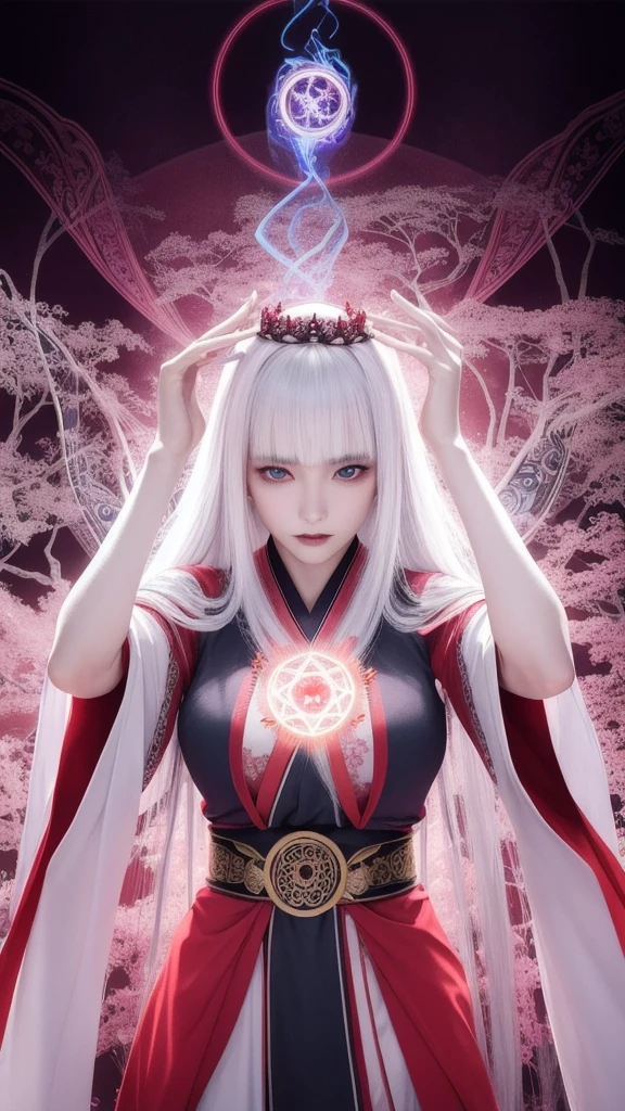 (masterpiece, top quality, one woman, alone, exquisite details, chromatic aberration), (realistic), (skin), ((breathing)), (silver hair, blunt bangs, straight long hair, cropped bangs), beautiful hair, red headdress, blue highlights, hair over one eye, purple eyes, earrings, piercing eyes, ((pink and white kimono)), ((symmetrical eyes)), ((perfectly symmetrical body)), ((perfectly symmetrical hands)), (purerosface_v1:0.3), night, (((natural light))), backlit, grey wall, dim lighting, facing the viewer, ((central shot, from the front, (face and waist))), mysterious atmosphere, fortune teller in kimono, beautiful fortune teller, fortune teller, dark fantasy female fortune teller, female fortune teller, fantasy photography, magician, witch fairy tale, Japanese style, elegant cinematic fantasy art, Fantasy woman, portrait of magician, casting spells, fortune teller, not very sexy kimono, A powerful wizard, standing in a mysterious forest. Flowing robes adorned with symbols, arms outstretched, eyes glowing with mystical energy. Spells leak from his mouth, vibrant, swirling patterns of dark magic appear in the air, pulsating with hues of red and blue. Enchantment permeates, blossoms, and creatures gaze in awe. Threads of magical energy dance, revealing hidden realms, unravelling secrets. Capture the essence of this enchanting moment, bringing the mystical power of dark magic to life on a canvas of the highest quality and finest detail. . Highest quality, masterpiece, ultra-high resolution, (photorealistic:1.4), RAW photos, sharp focus, high resolution, detailed skin.