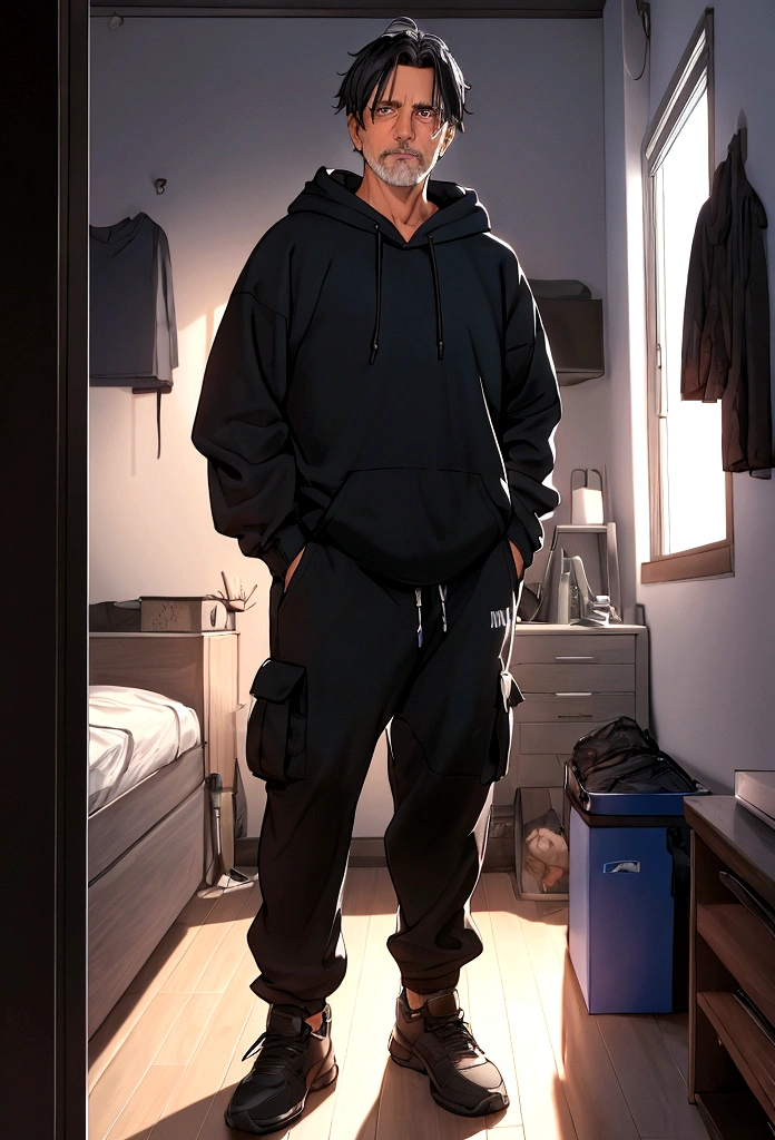 a 55 year old man with dark hair and blue eyes and a black hoodie and black cargo pants at night in a bedroom
