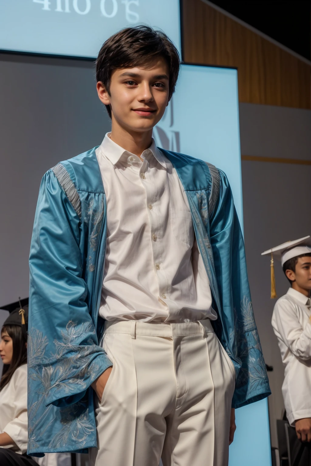 A cute, beautiful, black-haired male twink guy wearing a fancy white long-sleeved shirt and aqua blue pants. He is in his graduation speech, speaking while looking proud.