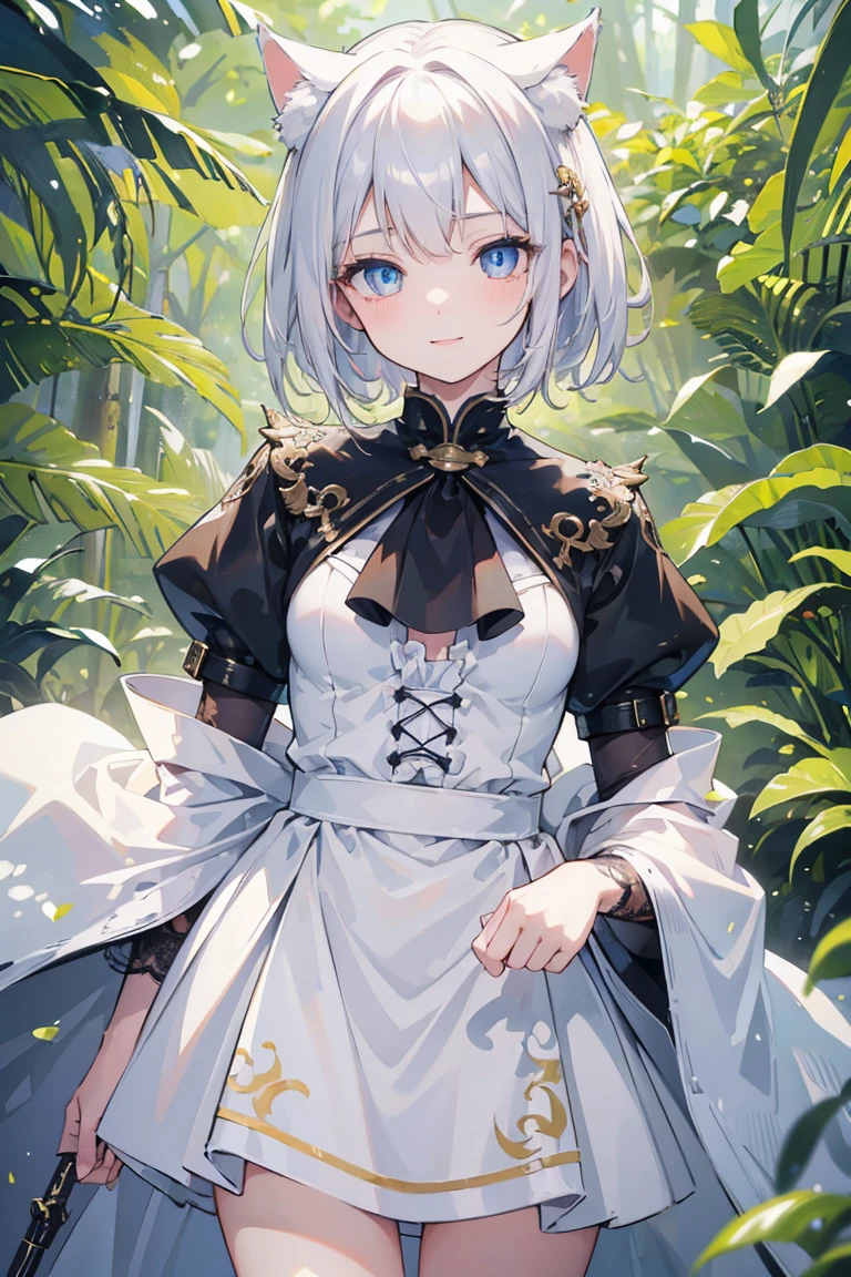 (best quality,ultra-detailed,highres,masterpiece:1.2), careful with hand,beautiful anime girl with white hair and yellow eyes, young neko girl, childish face, small height, (8 year old), (small breast:1.2), cat ears, short hair, d&d, (joy), (happy), (laugh), happy vibrant expression, smile,deep and expressive yellow eyes, porcelain skin,subtle blush on cheeks,attention to eye and lip details, forest ambient, rogue class, leather fantasy outfit, BREAK (masterpiece:1.2), best quality, high resolution, unity 8k wallpaper, (illustration:0.8), (beautiful detailed eyes:1.6), extremely detailed face, perfect lighting, extremely detailed CG, (perfect hands, perfect anatomy),