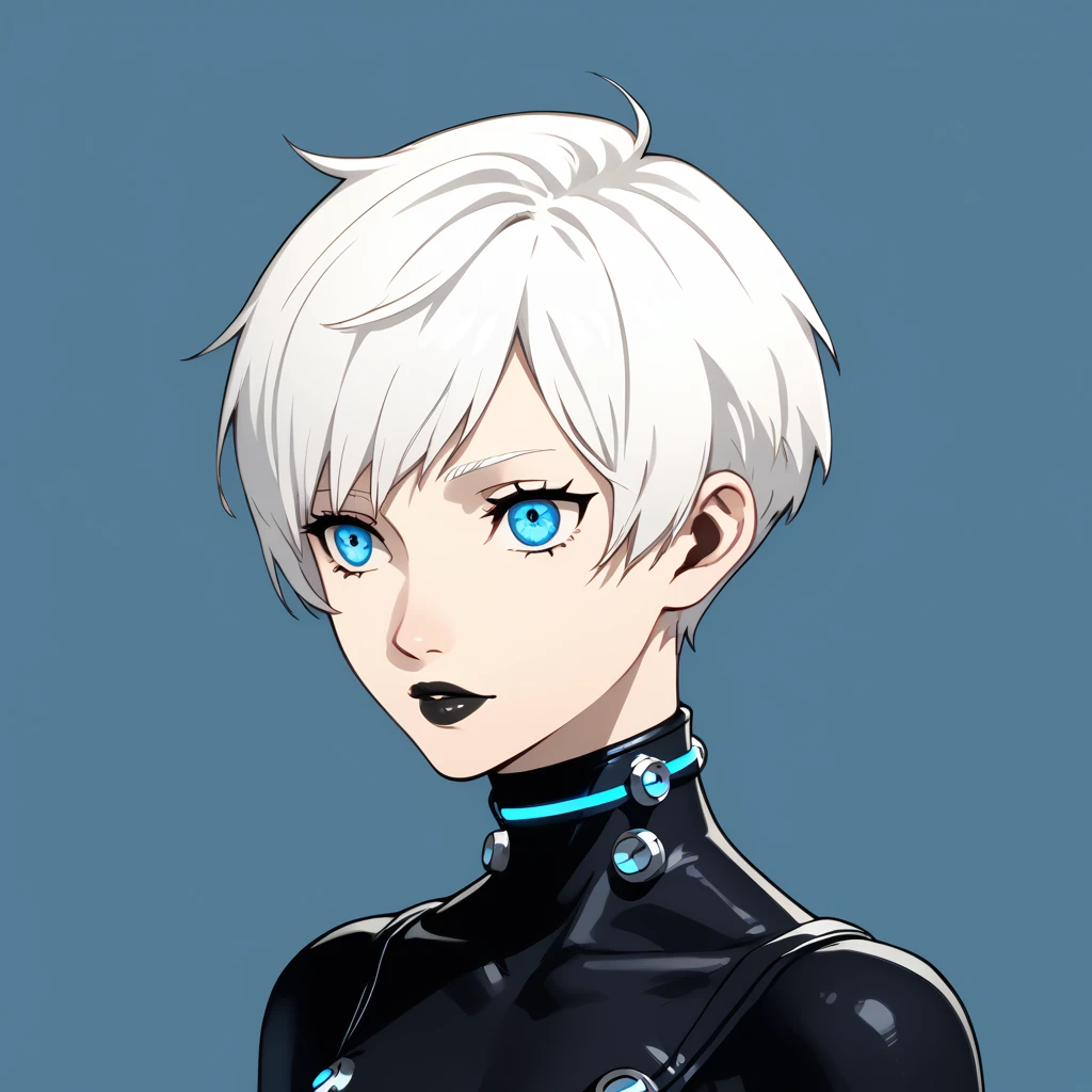 1 girl, blue eyes, very Short hair, black lipstick, white hair, female , tomboy Pixie haircut, gantz latex suit, Pixie haircut, shaven head, white hair, white hair,upper body,