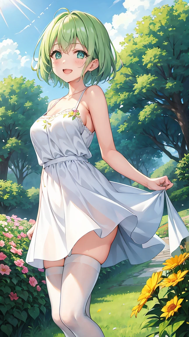 Girl with short green hair, Small size breasts, Small breasts、Green Eyes, White Casual Wear Beauty Special、(((tits))),Full body photo from head to toe、White dress、Colorful flower fields、Fluttering petals、A big smile when looking at the flowers、Uplifting