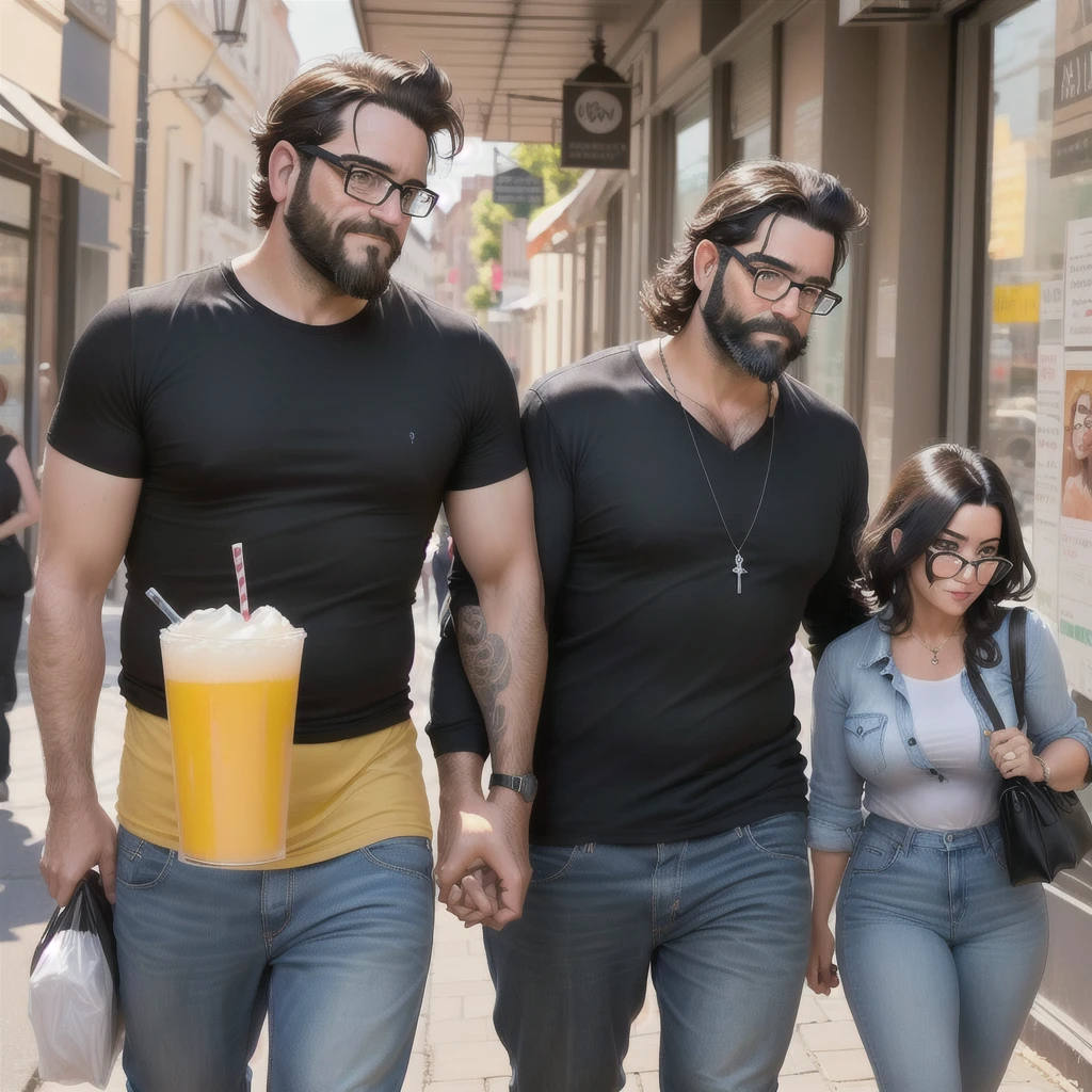 Estilo Pixar, casal,A 40-year-old man with a short beard with glasses, cabelo raspado, uma mulher cabelo preto longos, next to a black French Bulldog