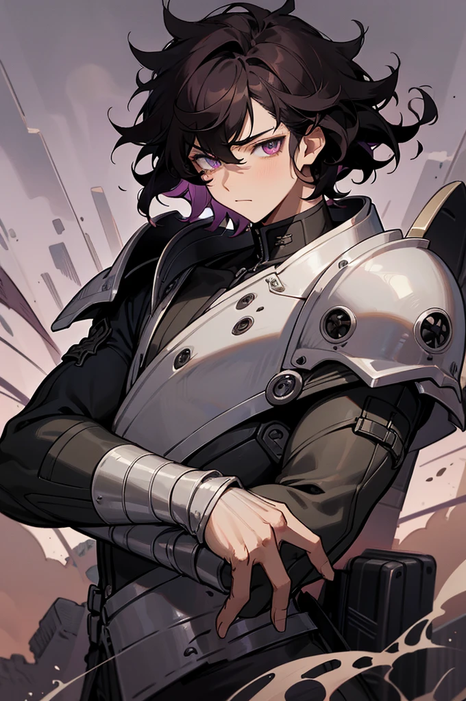 high-quality, breathtaking),(expressive eyes, perfect face) 1male, male , solo, teenager, short hair length, wavy curly hair, messy hair, white and black hair color, multicolored hair, deep purple eye color, background, music, mature, haunting twilight background, armor, slightly narrow eyes, reddish highlights under hair, 