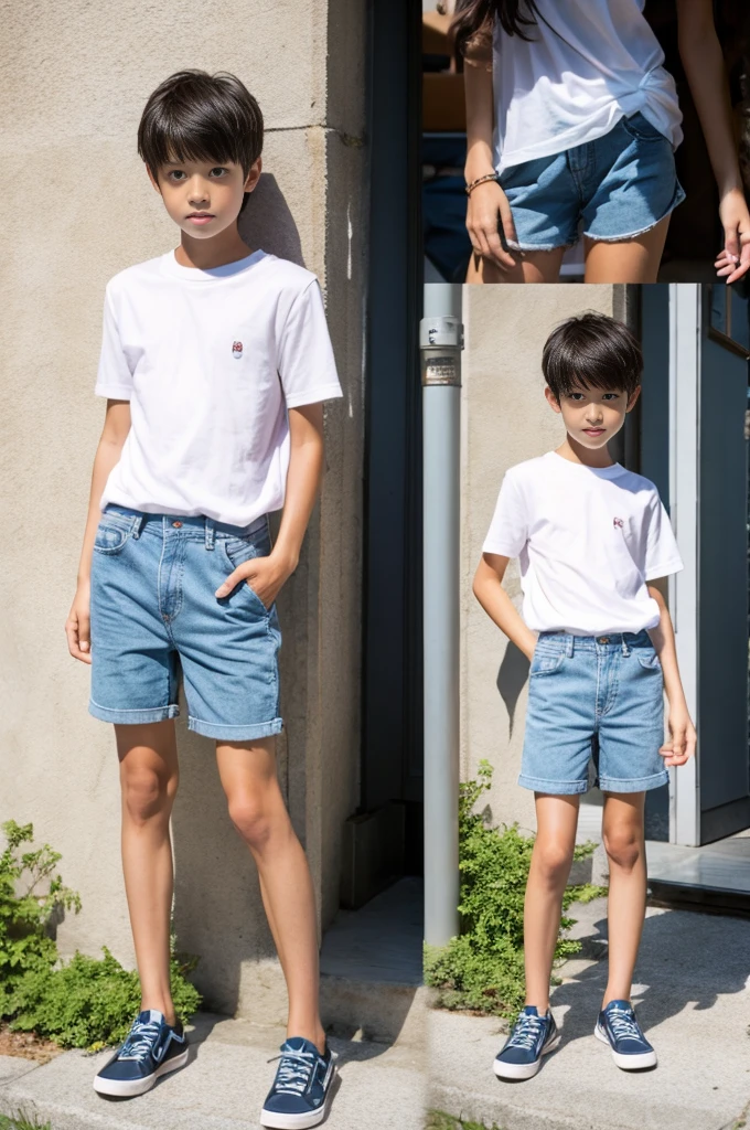 5--old with blonde hair, white skin, wearing jean shorts and Jordan sneakers