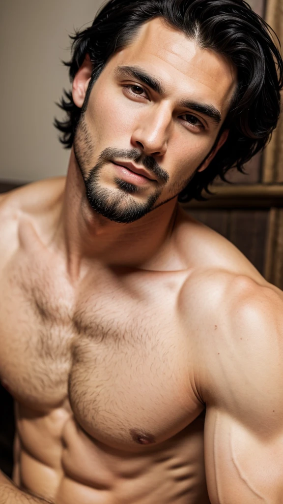 A sexy man with black hair, mediaeval period, gorgeous face, looking at me seductively, crisp and clear photo, sharp focus