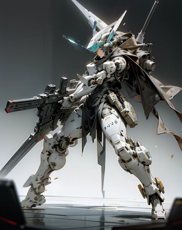 full body shot, glass robot with gun and turret on the shoulder, glass effect on bodywork, massive weapon , glass robot showing anatomy part, hyper realism, iconic photography , intense battlefield background --ar 2:3 --niji 6 --style raw