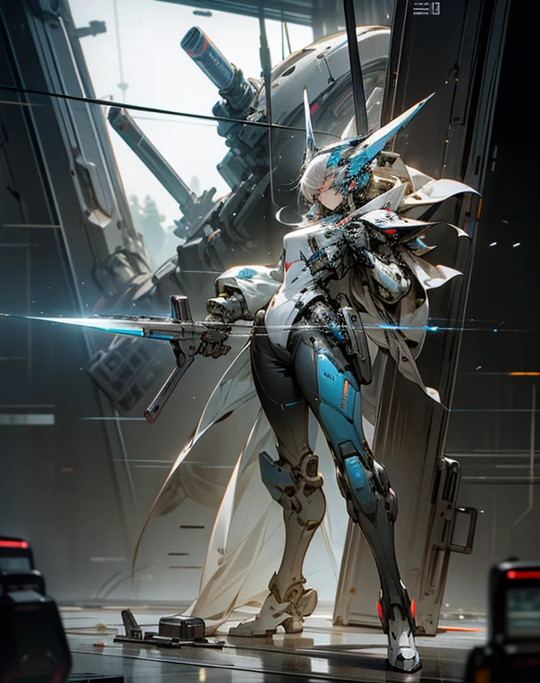 full body shot, glass robot with gun and turret on the shoulder, glass effect on bodywork, massive weapon , glass robot showing anatomy part, hyper realism, iconic photography , intense battlefield background --ar 2:3 --niji 6 --style raw