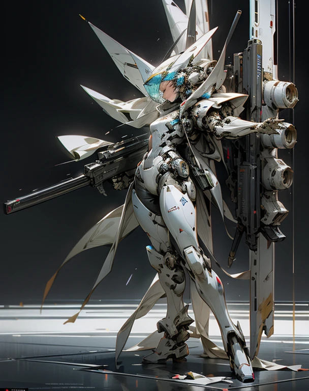 full body shot, glass robot with gun and turret on the shoulder, glass effect on bodywork, massive weapon , glass robot showing anatomy part, hyper realism, iconic photography , intense battlefield background --ar 2:3 --niji 6 --style raw