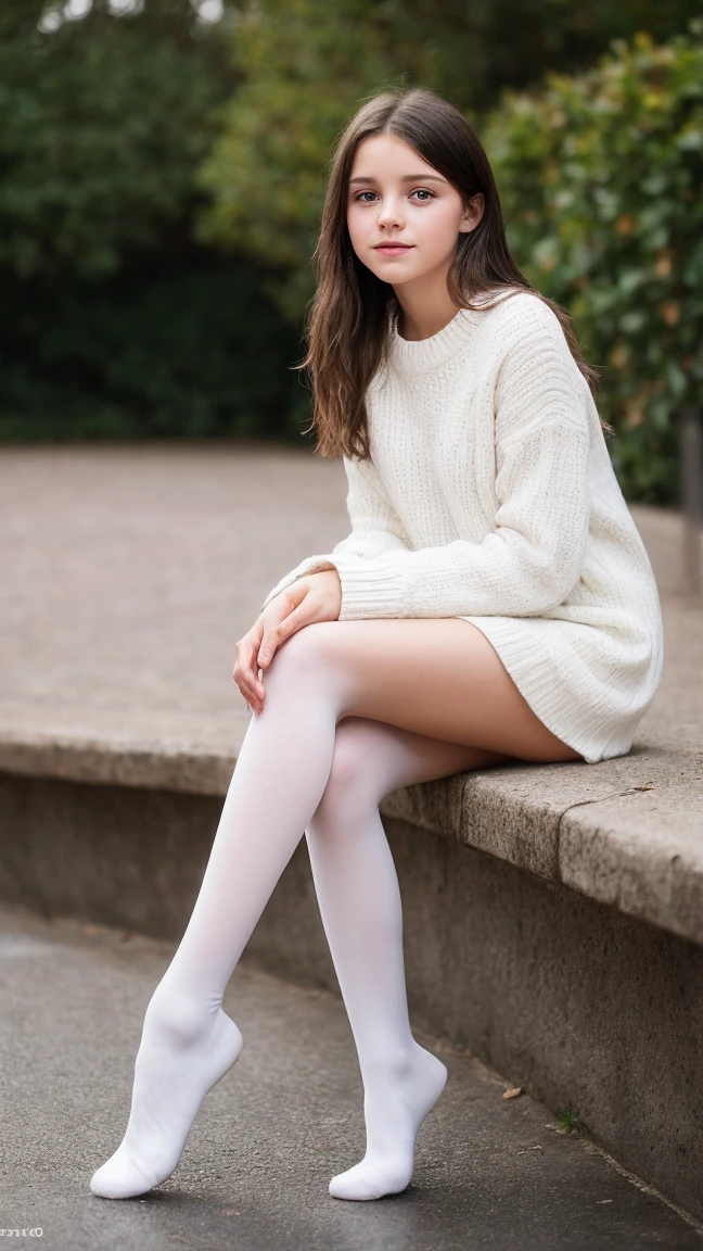 A pretty young woman photo, solo, 12 years old, masterpiece, best quality, depth of field, bokeh, ultra realistic, photorealistic, RAW photography, extremely high resolution, amazingly high detailed eyes and face, adorable, ray tracing, spreaded legs or standing towards camera , wears white tights, while seated, small, , cute, shy, wet, full body, sexy, , innocent, showing pussy