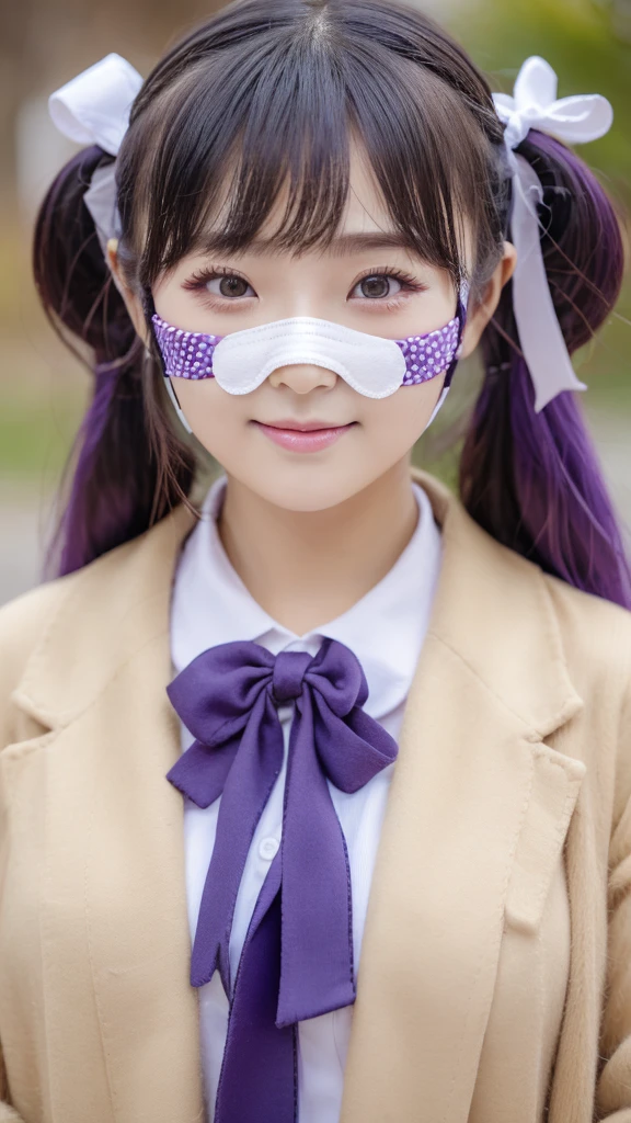 ((カスタムEye mask)), ((Patterned mask)), ((patterned Eye mask)), string hair ribbon, Purple Hair, ((Realistic)), ((Photorealism)), ((photoRealistic)), ((Cosplay)), ((Real Life)), One girl, alone, close your eyes, Black Hair, Multicolored Hair, blush, Fur trim, fur-trimmed coat, smile, coat, Purple Hair, Long Hair, ((Eye mask)), bangs, Mouth closed, bow, Flying Sweat, white coat, ribbon, bandage, Two-tone hair, Upper Body, white bow, hair ornaments