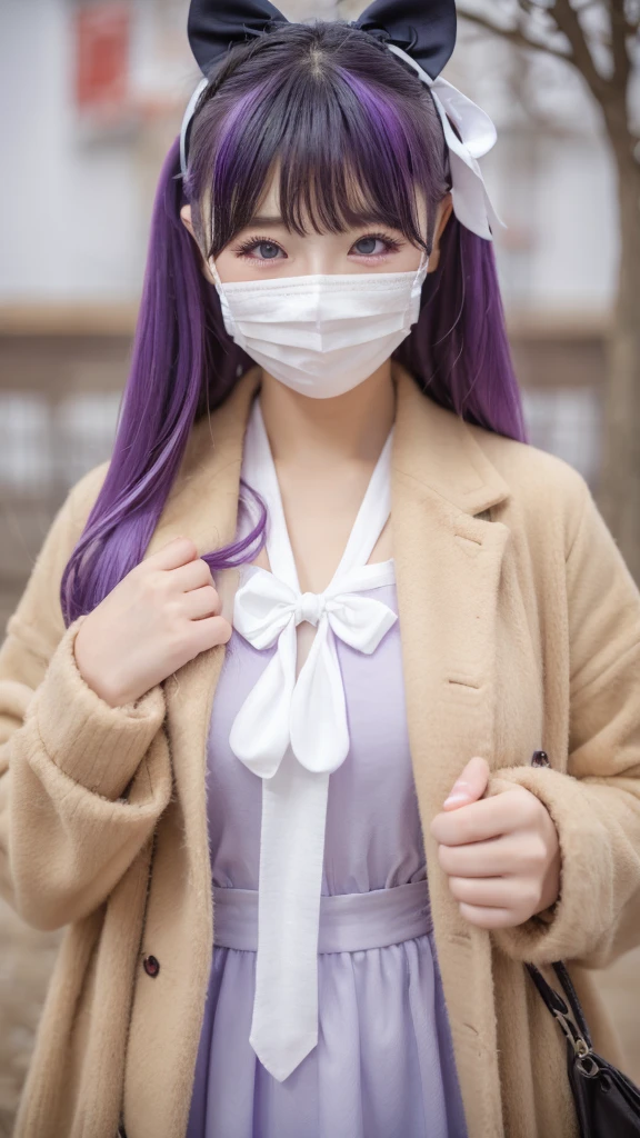 ((カスタムEye mask)), ((Patterned mask)), ((patterned Eye mask)), string hair ribbon, Purple Hair, ((Realistic)), ((Photorealism)), ((photoRealistic)), ((Cosplay)), ((Real Life)), One girl, alone, close your eyes, Black Hair, Multicolored Hair, blush, Fur trim, fur-trimmed coat, smile, coat, Purple Hair, Long Hair, ((Eye mask)), bangs, Mouth closed, bow, Flying Sweat, white coat, ribbon, bandage, Two-tone hair, Upper Body, white bow, hair ornaments