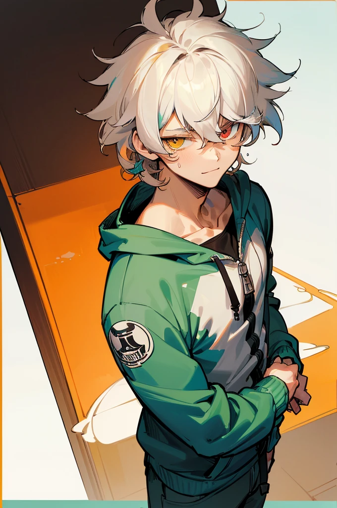 ((highest quality, masterpiece, 4k, finely detailed, detailed eyes, detailed face, gelbooru, pixiv)), warm lighting, ((solo)), 1 male, handsome, masculine, adult male, broad shoulders, closeup of face, portrait, smiling, ((lazy eyes, half-lidded, wearing modern clothing, hoodie with a logo, sweatpants, standing, , ((white hair, medium length hair, shaggy hairstyle, messy hair)),heterochromia, orange eyes, cyan eyes,