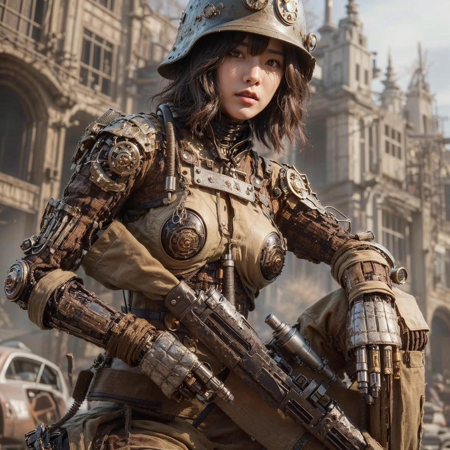 8k,Realistic Photo, Realistic Skin Texture, Superrealism, (Warring States period of Japanese history, approx like mechanical :1.2), burnt field、arquebus,vivid textures,legs, gradation hair, japanese female soldier,(ultra beautiful face),((super realistic all textures)), ((super intricate all details)), full body shot, ultra sharp photo result, metallic color, scratch, Rust, weathering, steampunk, taken with Fuji film X-T30+Nokton. HDR10,Minimum of 4 pieces created