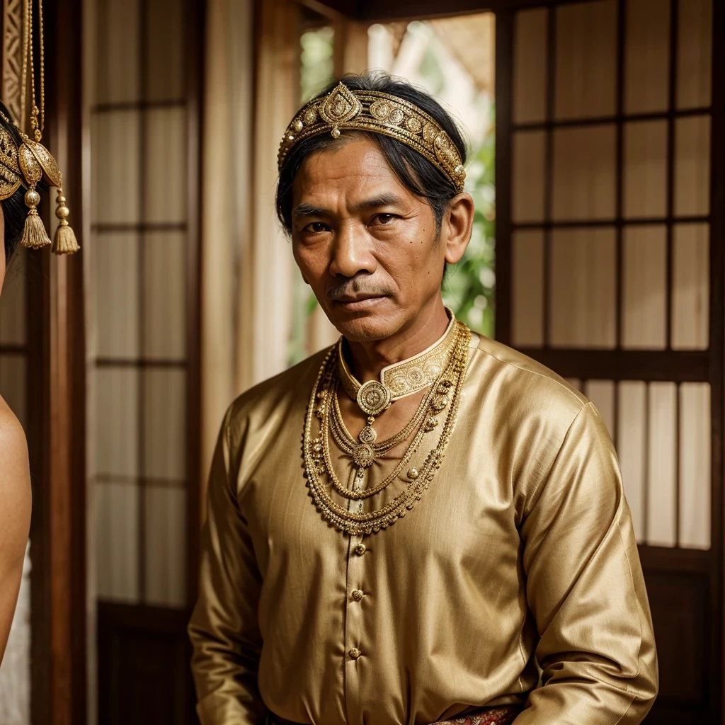 Create an ultra-realistic portrait photo of a 30 years old age Javanese man, embodying his local identity in a vintage 1920s aesthetic:
Appearance: The man should have characteristic Javanese facial features—slightly almond-shaped eyes, a prominent nose—and wear a traditional batik shirt adorned with intricate patterns. Include a blangkon (traditional Javanese headdress) elegantly wrapped around his head.
Setting: Place him in a 1920s-style studio setting with soft, natural lighting and a backdrop typical of early 20th-century photography. Emphasize a subdued color palette and textured surfaces to evoke the nostalgia of vintage photographs.
Cultural Elements: Integrate symbolic Javanese jewelry and accessories, such as silver or gold ornaments and traditional attire details, to highlight his cultural heritage and identity.
Style: Apply sepia tones and subtle aging effects to replicate the look of aged photographs. Focus on capturing the dignified expression and cultural pride of the Javanese man, reflecting the era's aesthetic and cultural nuances.
