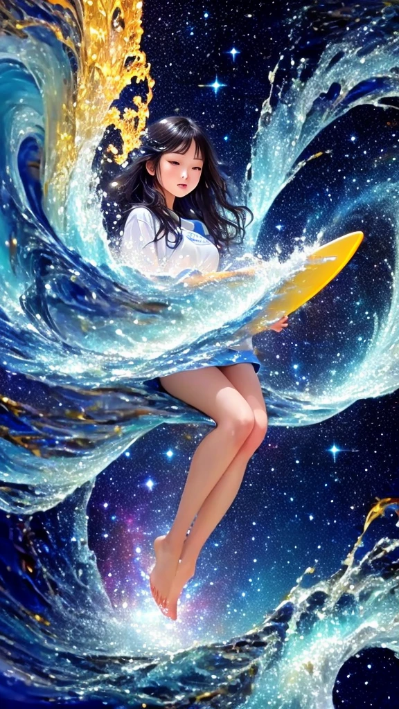 Close-up of a painting of a person on a surfboard, swirling flows of energy, Swirling Water Cosmos, beautiful cosmic neural network, Cosmic Energy Wire, star々A universe made of, Channeling the swirling energy, The Birth of the Universe, star雲の渦, swirling magical energy, Swirling bioluminescence energy, Space view